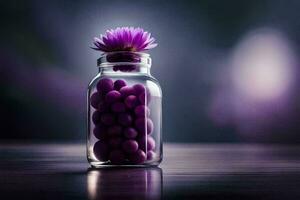 purple flowers in a glass jar on a table. AI-Generated photo