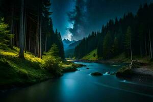 un río en el medio de un bosque a noche. generado por ai foto