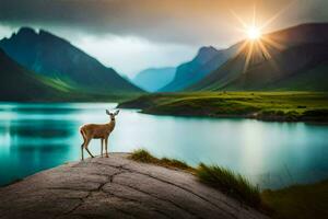 un ciervo soportes en un rock con vista a un lago y montañas. generado por ai foto