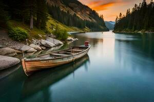 a boat sits on the edge of a lake at sunset. AI-Generated photo