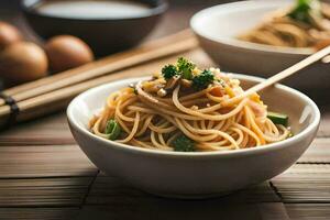 a bowl of noodles with chopsticks and a bowl of eggs. AI-Generated photo
