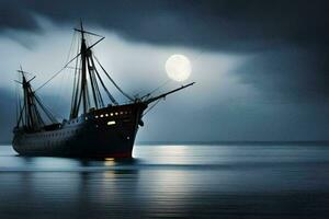 a ship in the ocean at night with a full moon. AI-Generated photo