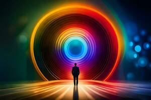 a man standing in front of a colorful light ring. AI-Generated photo