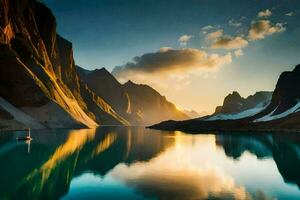 photo wallpaper the sky, mountains, water, sunset, boat, mountains, lake, norway. AI-Generated