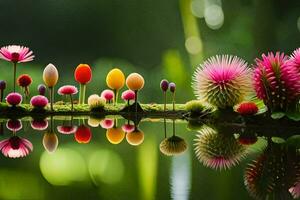 un grupo de flores son reflejado en el agua. generado por ai foto