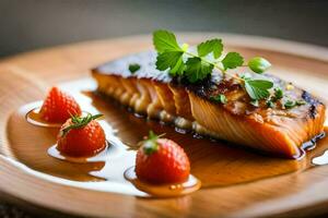 a piece of salmon on a wooden plate with strawberries. AI-Generated photo