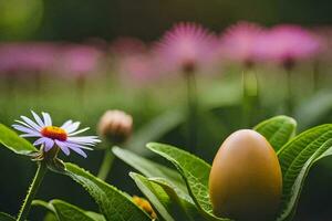 a golden egg is sitting on a green plant. AI-Generated photo