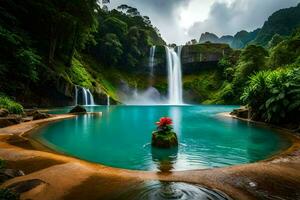 waterfall in the jungle with a flower in the water. AI-Generated photo