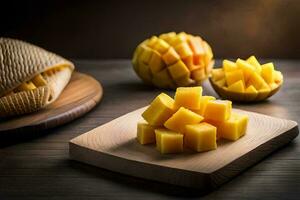 mango cubes on a cutting board. AI-Generated photo