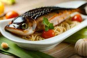 a fish is sitting on top of noodles and vegetables. AI-Generated photo