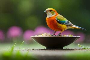 a colorful bird is standing on a bowl of food. AI-Generated photo