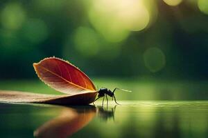 a leaf on the water with a bug on it. AI-Generated photo