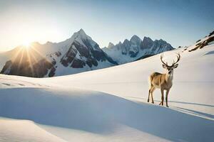 a deer stands in the snow in front of mountains. AI-Generated photo