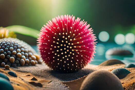 un rosado puntiagudo pelota con muchos otro puntiagudo pelotas. generado por ai foto