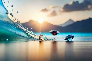 diamantes en el playa a puesta de sol. generado por ai foto