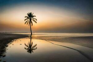 un solitario palma árbol soportes en el playa a puesta de sol. generado por ai foto