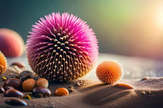 un cerca arriba de algunos vistoso puntiagudo pelotas. generado por ai foto
