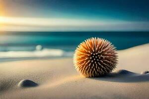 un puntiagudo pelota se sienta en el arena a el playa. generado por ai foto