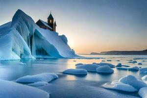 a church on an iceberg in the middle of the ocean. AI-Generated photo