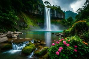 beautiful waterfall in the jungle with flowers and rocks. AI-Generated photo