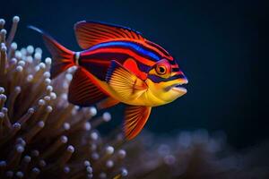 un vistoso pescado con rojo, azul y amarillo rayas. generado por ai foto