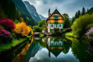 un casa se sienta en el lado de un río con vistoso flores generado por ai foto