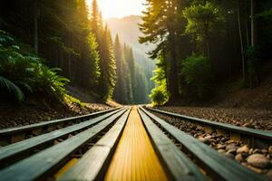 a train track in the forest with a sun shining. AI-Generated photo