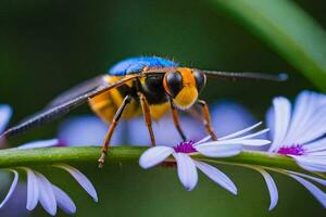 a bee with orange and blue wings sitting on a flower. AI-Generated photo