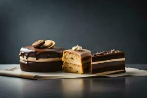 three different cakes on a table with chocolate frosting. AI-Generated photo