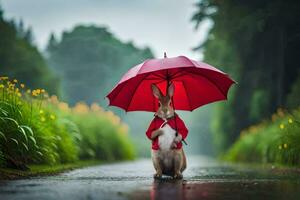 a rabbit in a red jacket is holding an umbrella. AI-Generated photo