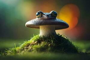 a small frog with big eyes sitting on top of a moss covered ground. AI-Generated photo