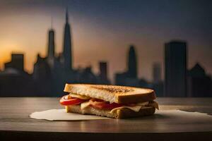 un emparedado con queso y Tomates en un mesa en frente de un ciudad horizonte. generado por ai foto