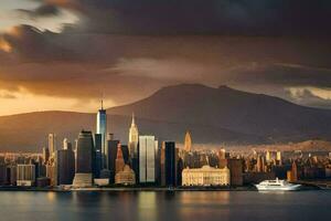 el ciudad horizonte a puesta de sol con un crucero Embarcacion en el agua. generado por ai foto