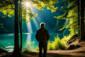 hombre en pie en el bosque mirando a un lago. generado por ai foto