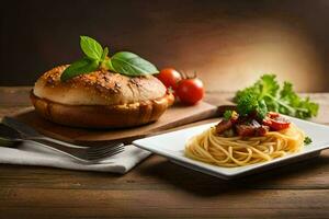 spaghetti with tomato sauce and bread on a wooden table. AI-Generated photo