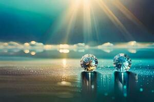 dos diamante piedras en el playa con luz de sol brillante. generado por ai foto