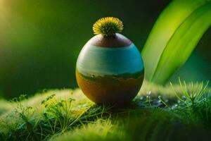un pequeño huevo sentado en parte superior de un verde herboso superficie. generado por ai foto