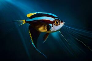 un pescado con un negro y blanco cuerpo y amarillo y azul rayas. generado por ai foto