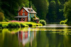 un casa se sienta en el banco de un río. generado por ai foto