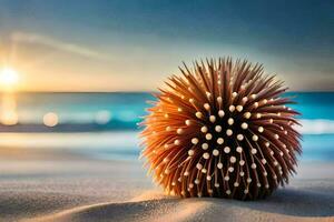 un puntiagudo pelota de arena en el playa a puesta de sol. generado por ai foto