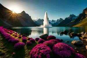 a beautiful lake surrounded by flowers and mountains. AI-Generated photo