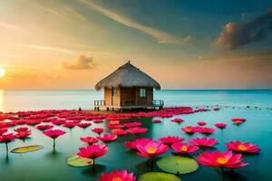 the beautiful lotus flowers in the water at sunset. AI-Generated photo