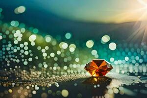 a diamond on a table with bokeh. AI-Generated photo