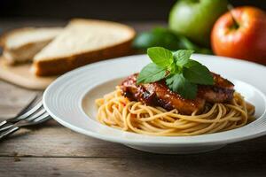 chicken with spaghetti and bread on a plate. AI-Generated photo