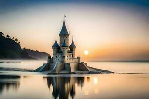 a castle sits on the beach at sunset. AI-Generated photo