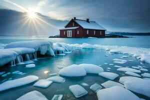 a red house sits on the frozen water with ice and snow. AI-Generated photo