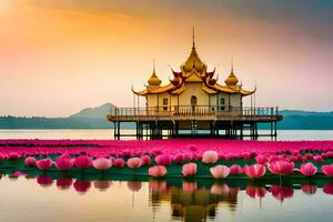 pink lotus flowers in the water at sunset. AI-Generated photo
