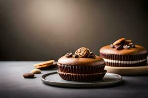 two chocolate cupcakes on a plate with chocolate chips. AI-Generated photo
