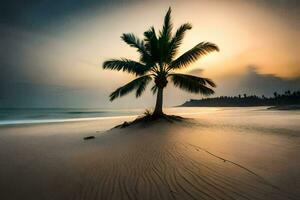 a lone palm tree stands on the beach at sunset. AI-Generated photo