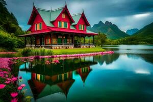 un rojo casa se sienta en el apuntalar de un lago. generado por ai foto